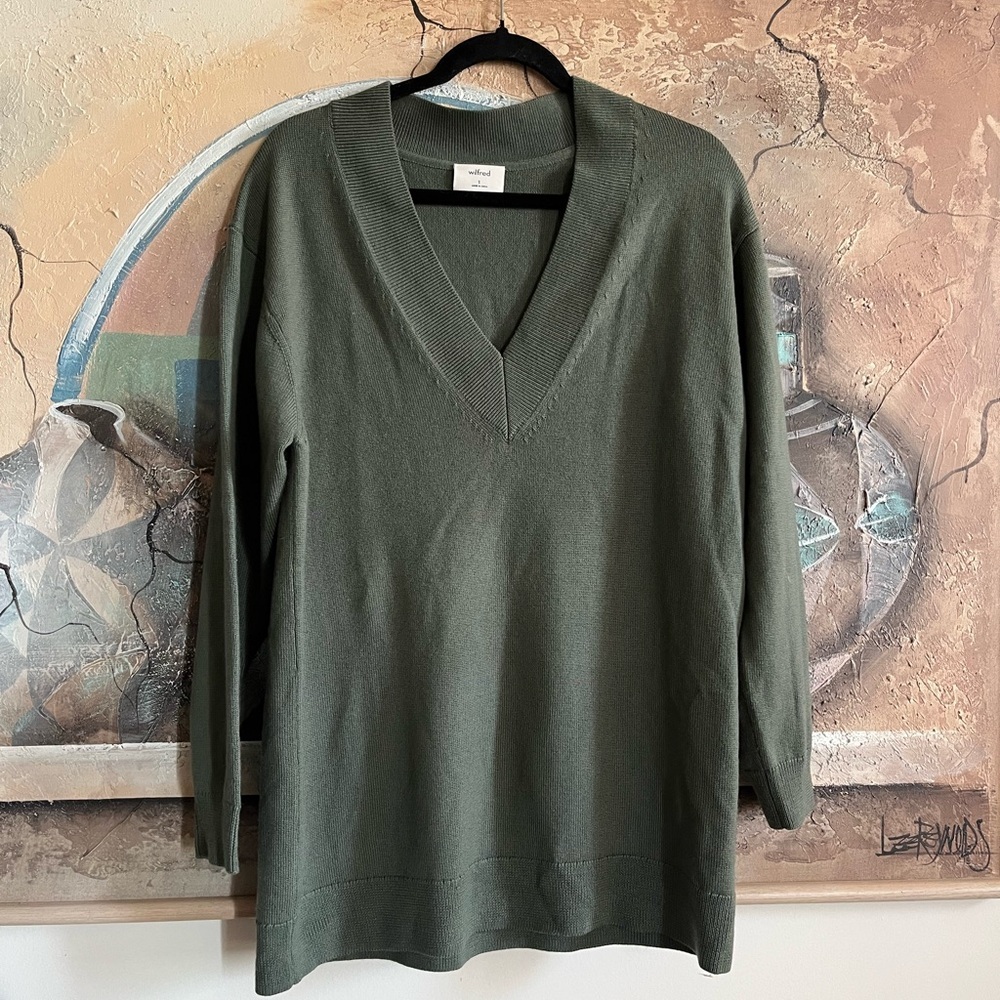 Aritzia Wilfred Knit V-neck Green Merino Wool Pullover Sweater Sz S